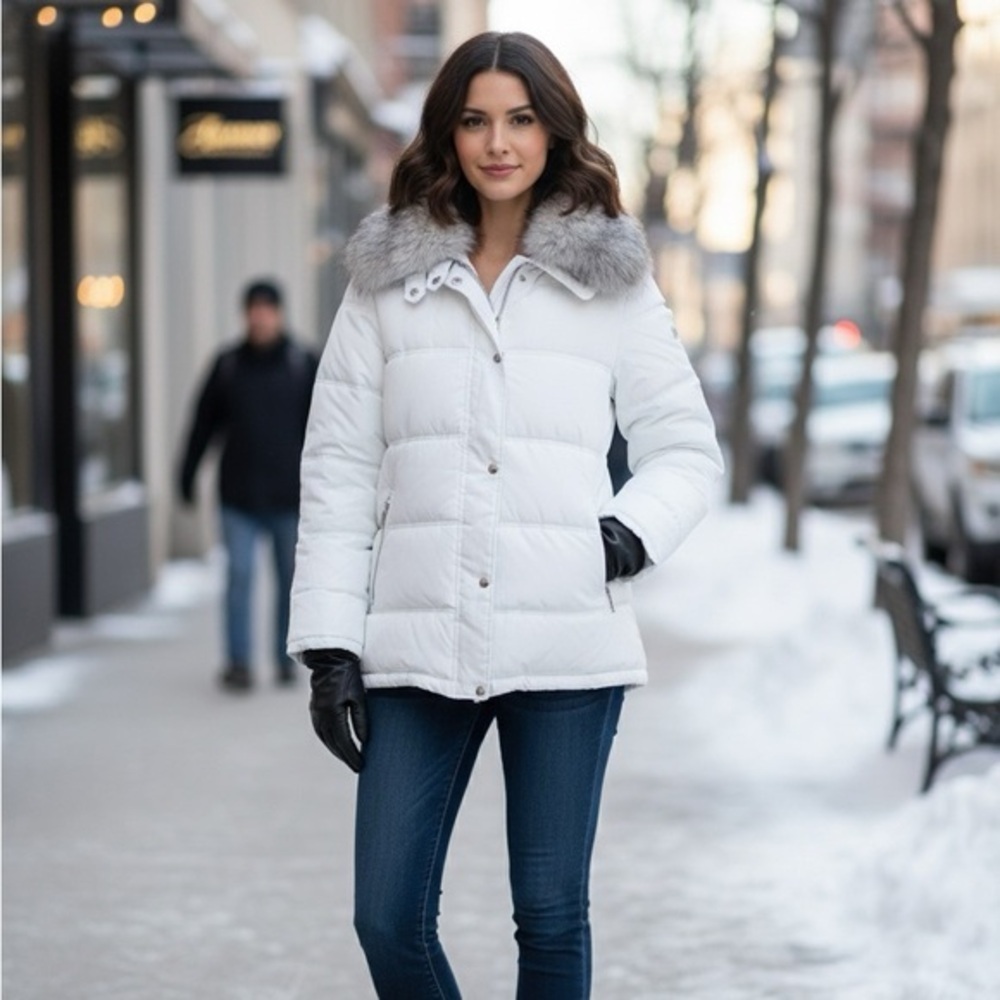 Sam Edelman White Faux Fur Collar Puffer Coat Women’s Size M Winter Jacket